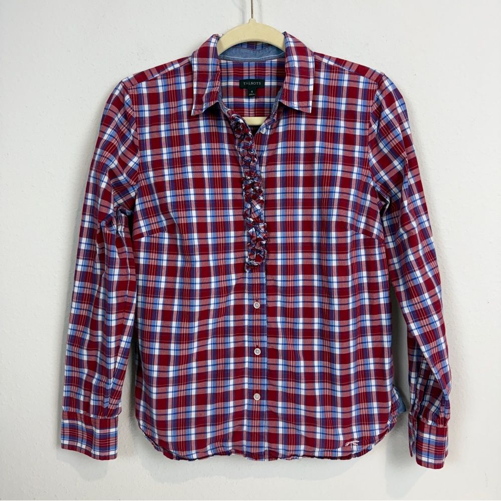 Talbots Red Blue Plaid Ruffle Button Down Shirt 4